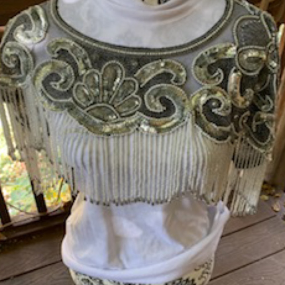 Glitz! Beaded "Topper" Shawl/Shrug, Great Western Fringe, White Pearl Beads